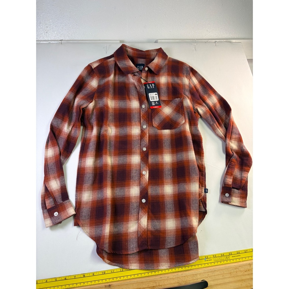 GAP Womens Relaxed Fit Flannel Shirt Moana Plaid Orange Burgundy XS NEW